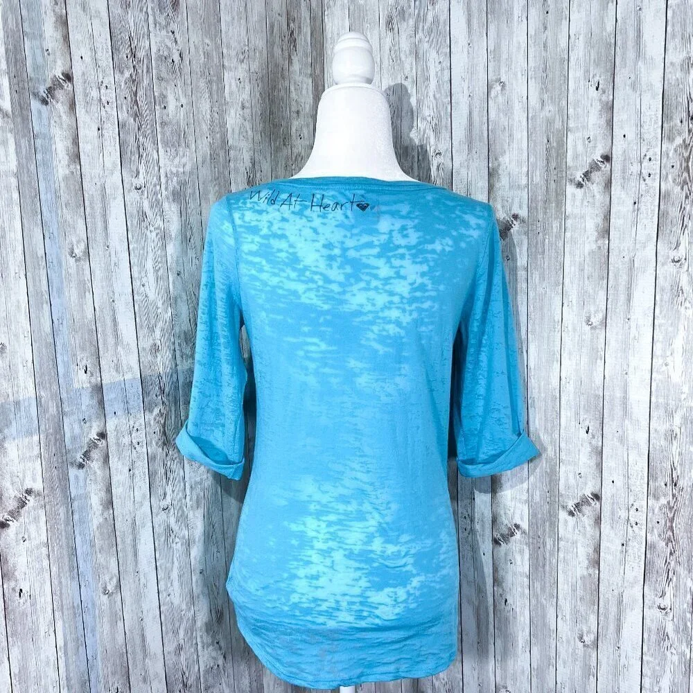 Roxy Burnout Tee | 3/4 Sleeve | Aqua Blue | Medium | Scoop Neck Top | Women's - Picture 4 of 13